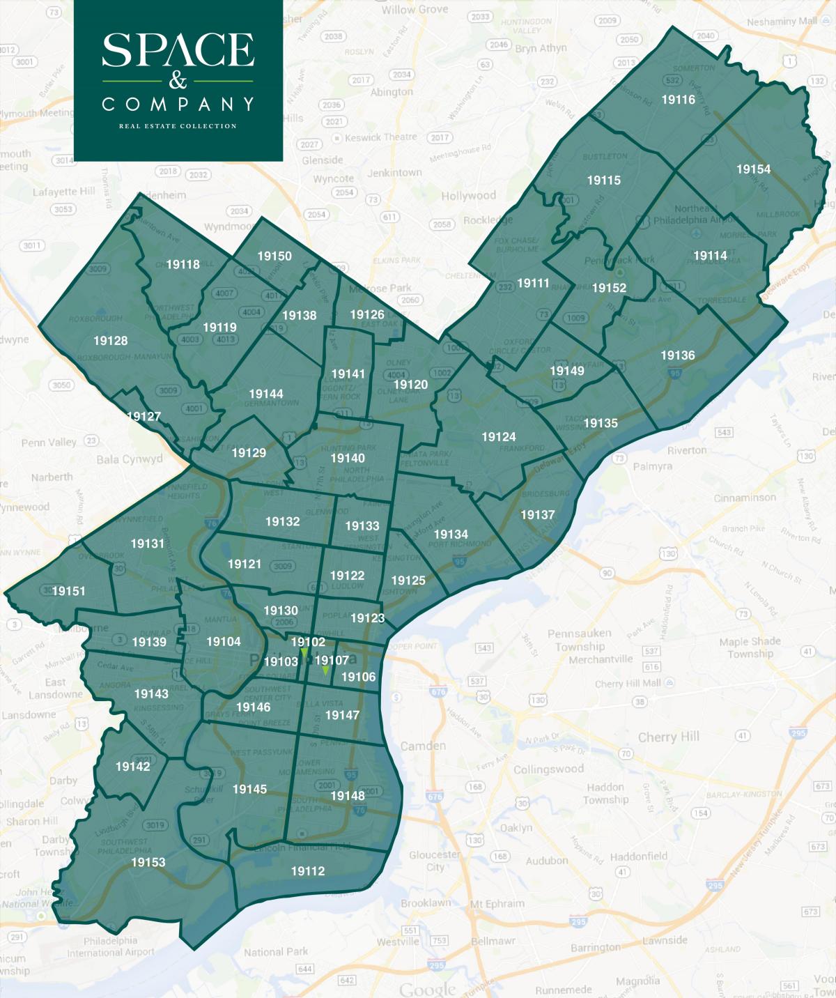 नक्शा फिलाडेल्फिया के पड़ोस और ज़िप कोड